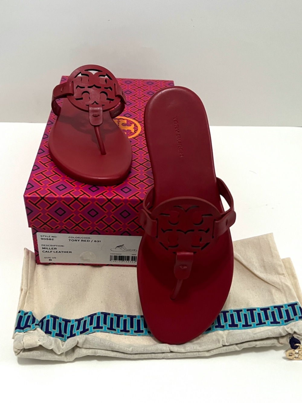 NIB Tory Burch Miller Soft Leather Sandal - Tory Red, Size 8